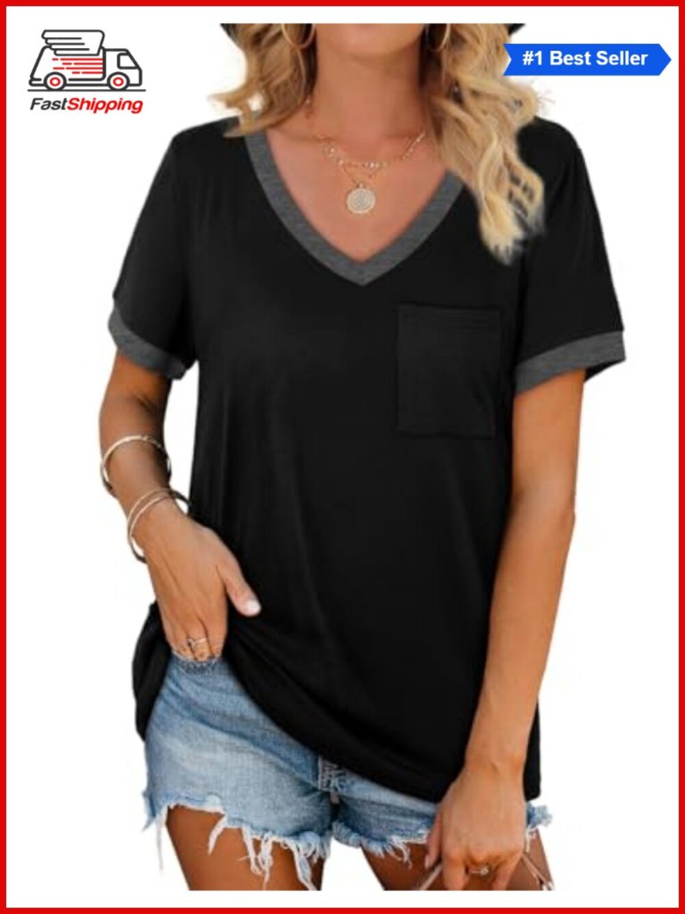 ✨ Womens V Neck Short Sleeve Pocket Casual Summer Tee Loose Fit T-Shirt